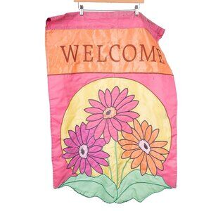 Welcome House Flag Floral Garden Flowers Spring Summer Pink Orange Yellow Bright